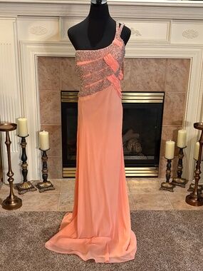 FAVIANA  One Shoulder Peach Sequined Gown Size 14